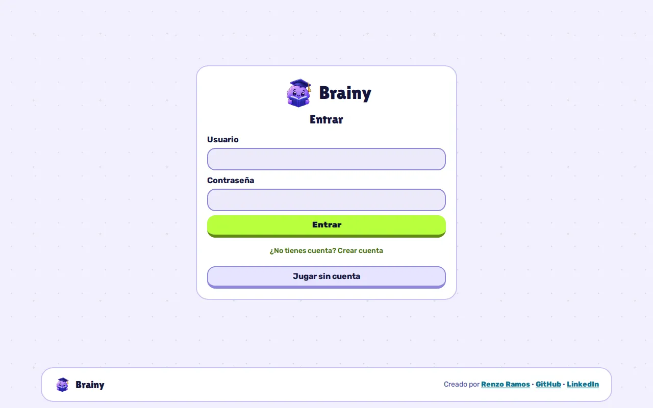 Pantalla de acceso de Brainy con usuario, contraseña, Entrar, Crear cuenta y Jugar sin cuenta