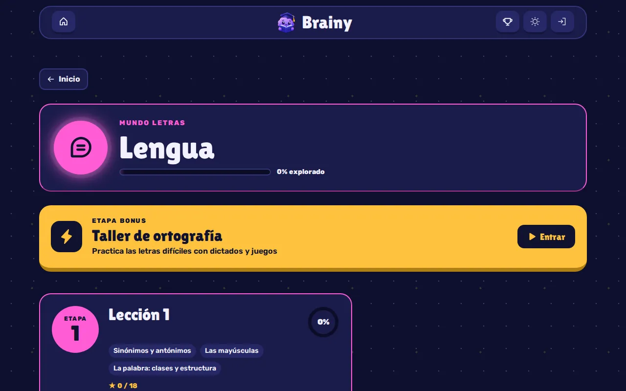 El mundo de Lengua en el tema oscuro con la etapa bonus del Taller de ortografía y la Lección 1