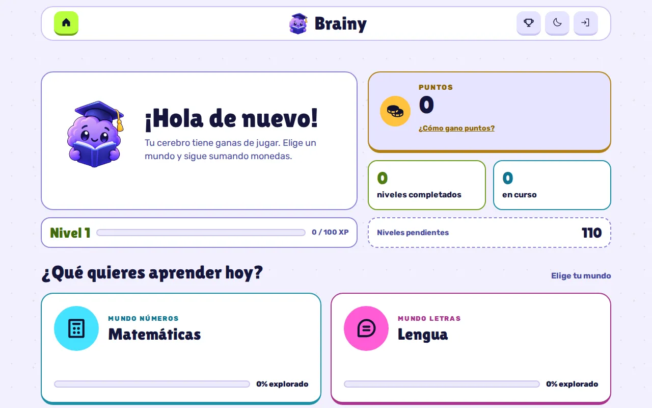 Inicio de Brainy con el saludo de la mascota, el nivel, los puntos y los mundos de Matemáticas y Lengua