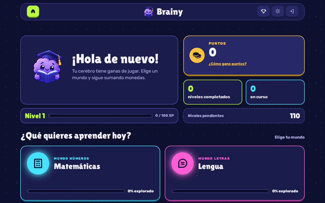 Inicio de Brainy en el tema oscuro, azul noche con acentos de colores