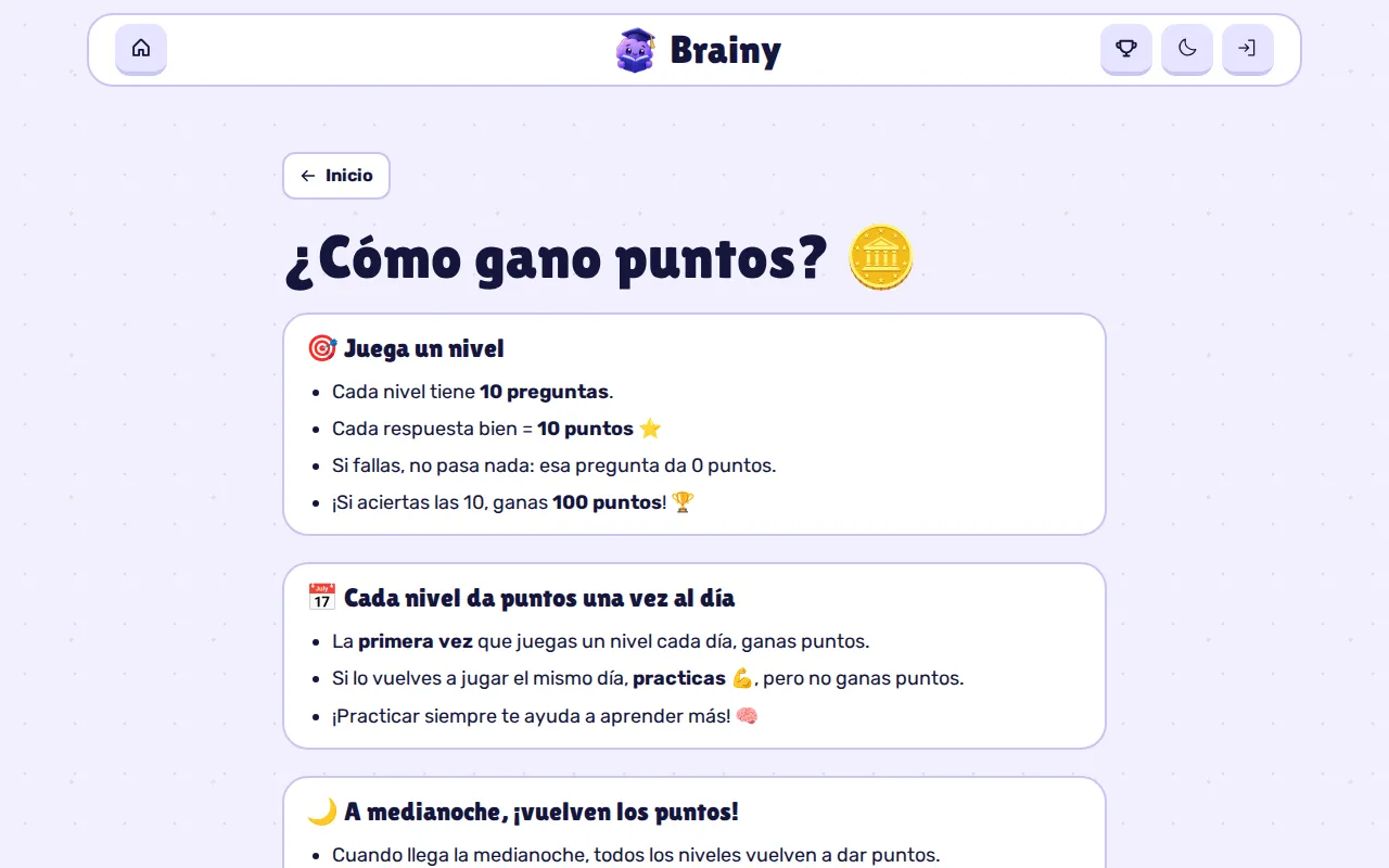 Página ¿Cómo gano puntos? con los apartados Juega un nivel y Cada nivel da puntos una vez al día