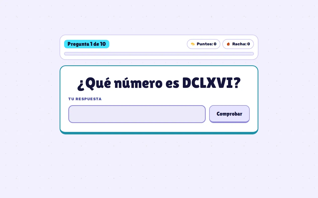 Pregunta 1 de 10: qué número es DCLXVI, con el campo para escribir la respuesta