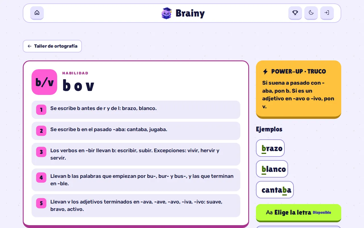 Regla b/v con sus cinco puntos, el truco y los ejemplos brazo, blanco y cantaba