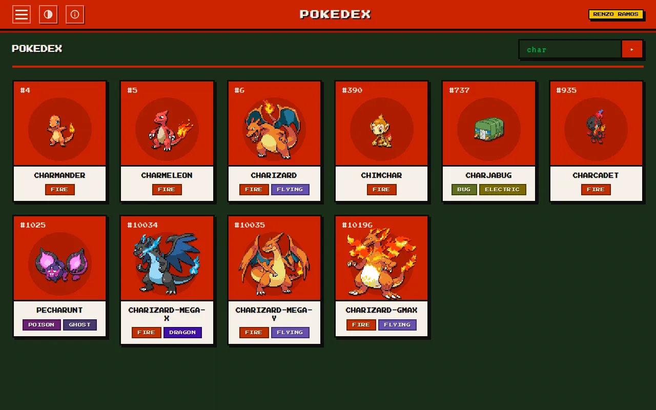 Búsqueda «char» en la Pokédex con Charmander, Charmeleon, Charizard y otros resultados