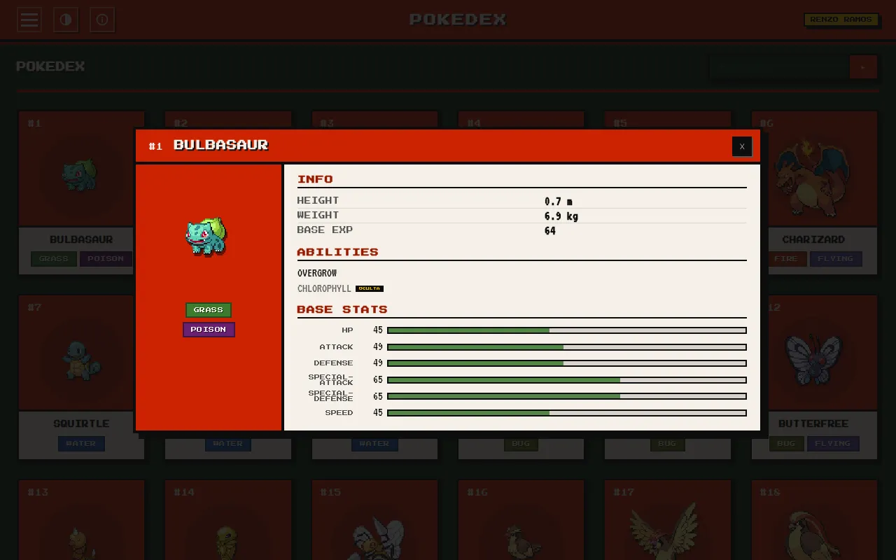Ficha de Bulbasaur con su número, sprite, tipos, altura, peso, experiencia base, habilidades y estadísticas base