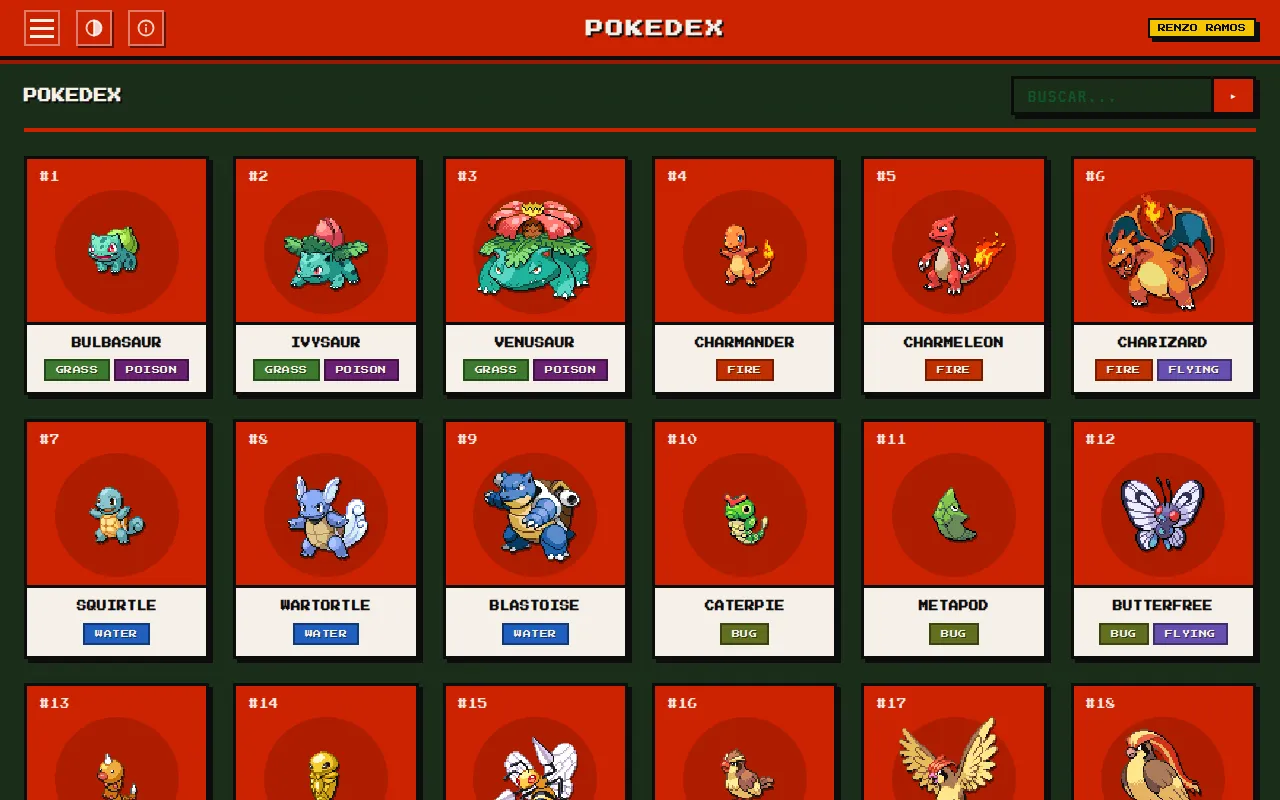 La Pokédex en el tema NORMAL, con tarjetas de Pokémon con su número, sprite y tipos
